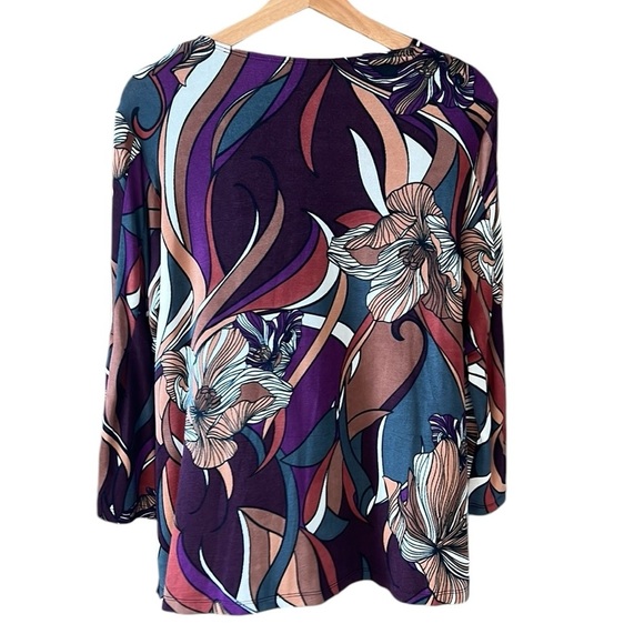 Chico’s Travelers Sz L Baroque Autumnal Floral Print V Neck Bell Sleeve Blouse - Picture 8 of 9